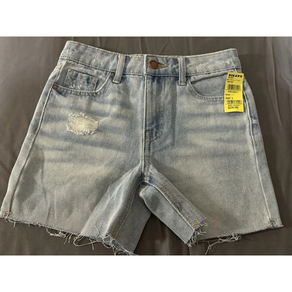 RSQ Girls Denim Shorts Size 8 Distressed Mid Length Blue Tillys NWT